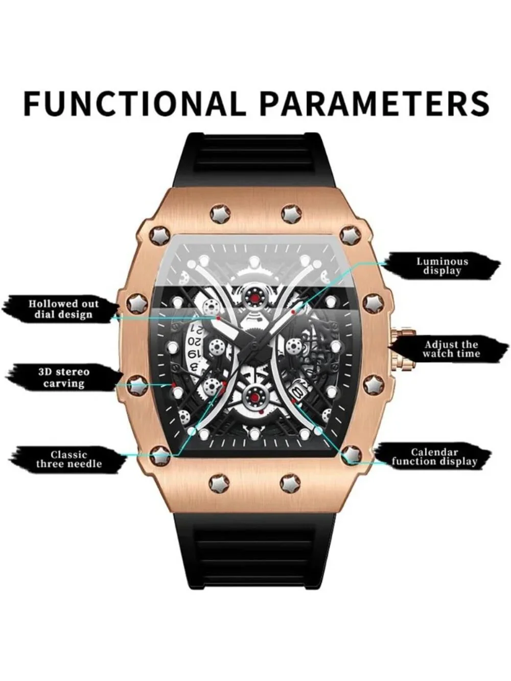 Men's Black Rose Gold Analog Silicone Strap Barrel-Shaped Skeleton Luxury Watch